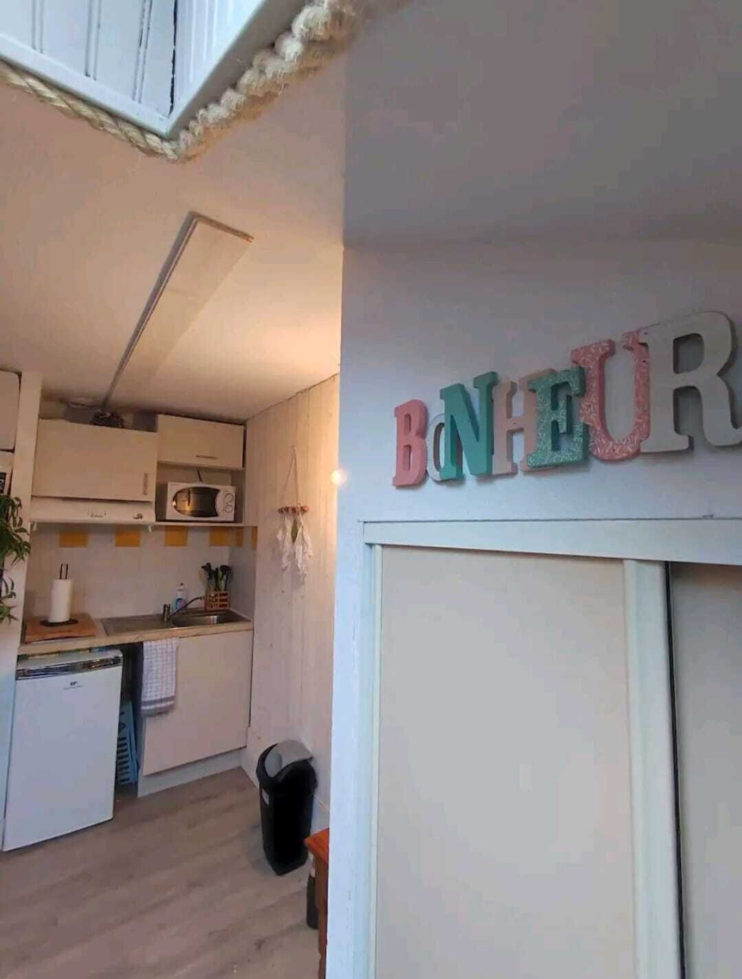Una pequeña kitchenette equipada con microondas, pileta y alacenas. Hay un bote de basura y una planta pequeña en la encimera.