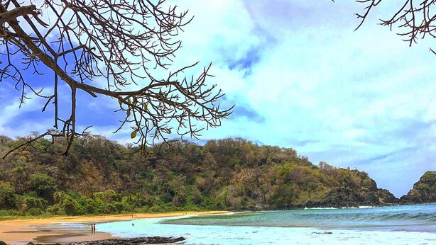 A beach with clear water, rocky shore, and a forested hillside in the background. - Pousada do Trinta (Fernando de Noronha)