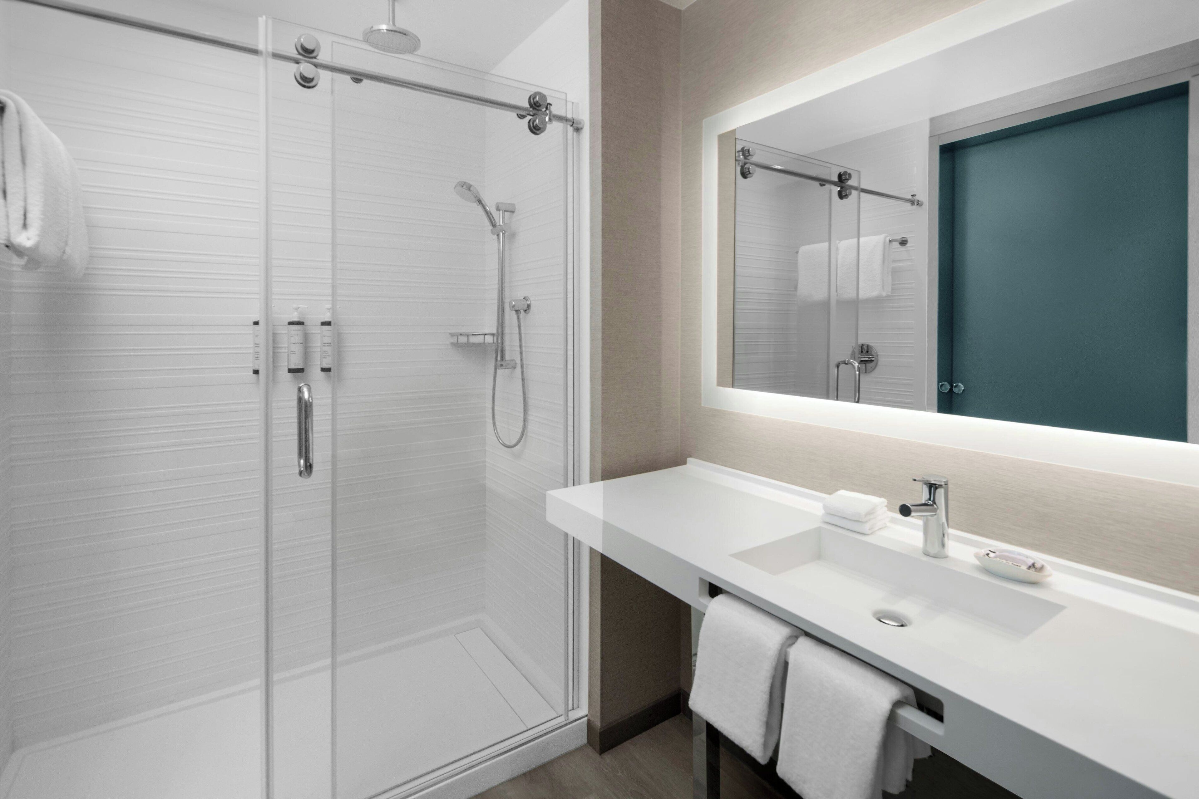 A modern bathroom with a glass-enclosed shower, a white sink, and a large mirror.