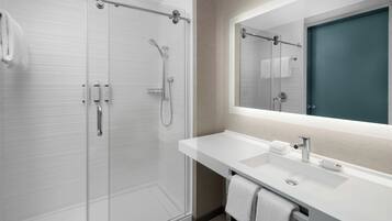 A modern bathroom with a glass-enclosed shower, a white sink, and a large mirror.