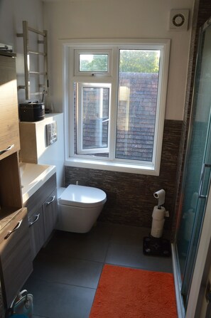 Shower, hair dryer, towels, soap