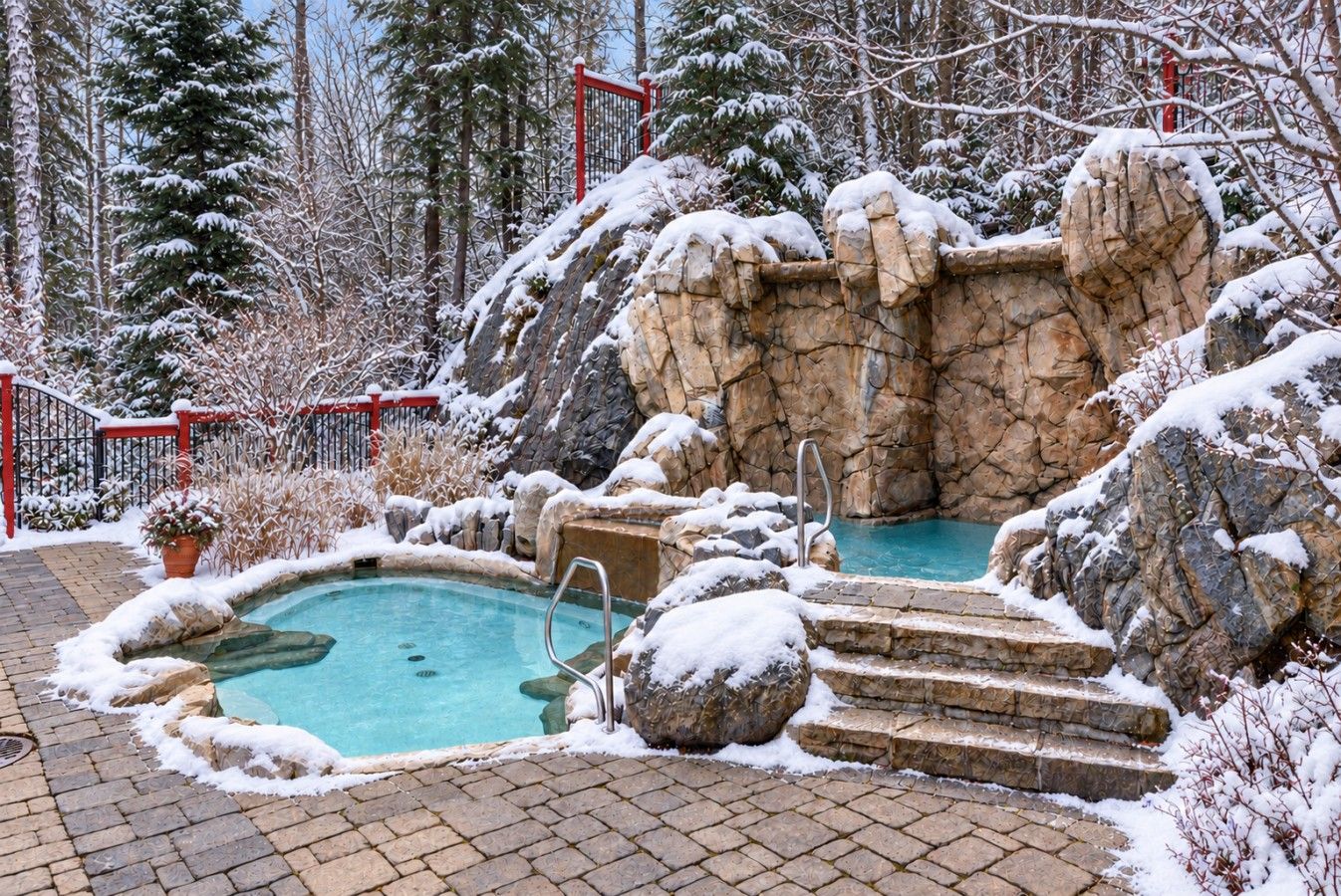Zona de piscina exterior cubierta de nieve, con una piscina azul cristalina, escalones de piedra y una barandilla roja.