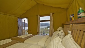 A tented room with two beds, a window with curtains, a wooden headboard, and a bottle of water on a shelf. -  Pangong Retreat Camp (Leh)