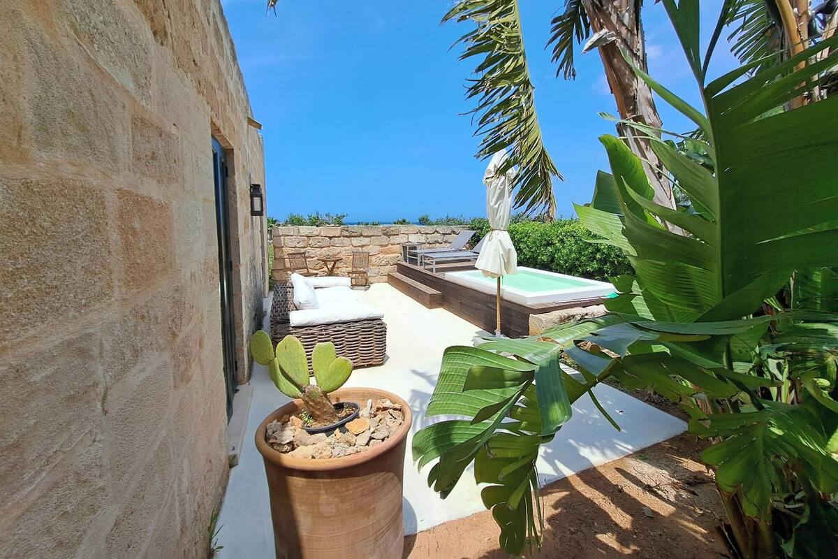 A pool area with lounge chairs, a small pool, and a potted plant.