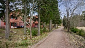A rural road leading to a red building with a fenced yard and trees.