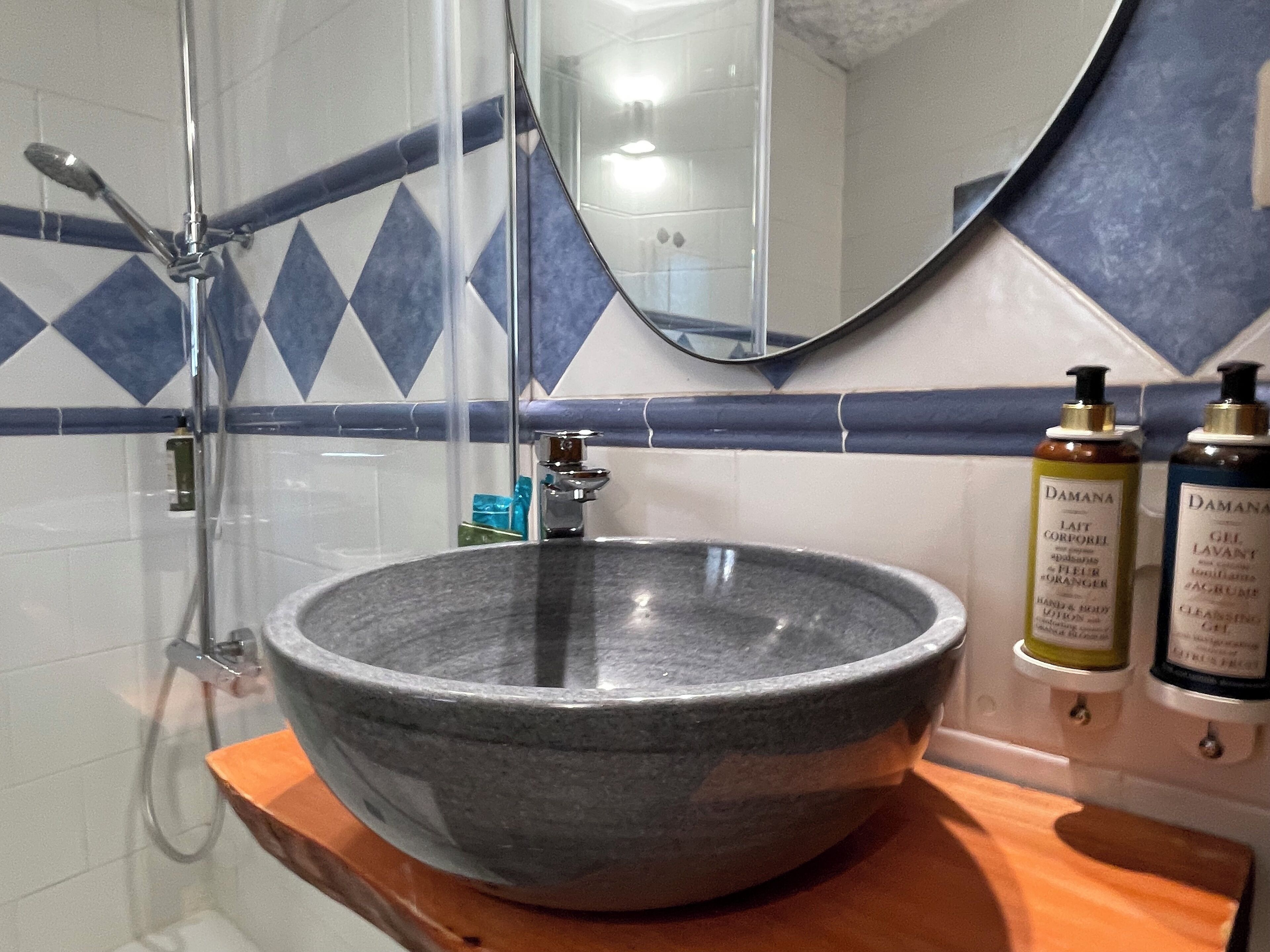 Une salle de bain avec un lavabo en pierre, une douche et deux bouteilles de shampoing.