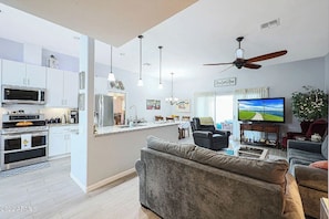 Fridge, microwave, oven, stovetop - 3 Bdrm AZ house in Sun City with pool, yoga studio, gym and gaming patio.  (Sun City)