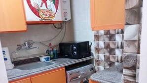 Cocina compacta con lavadora, microondas y lavabo.