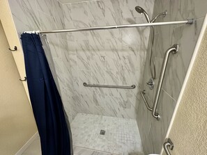 Hair dryer, towels, soap, shampoo
