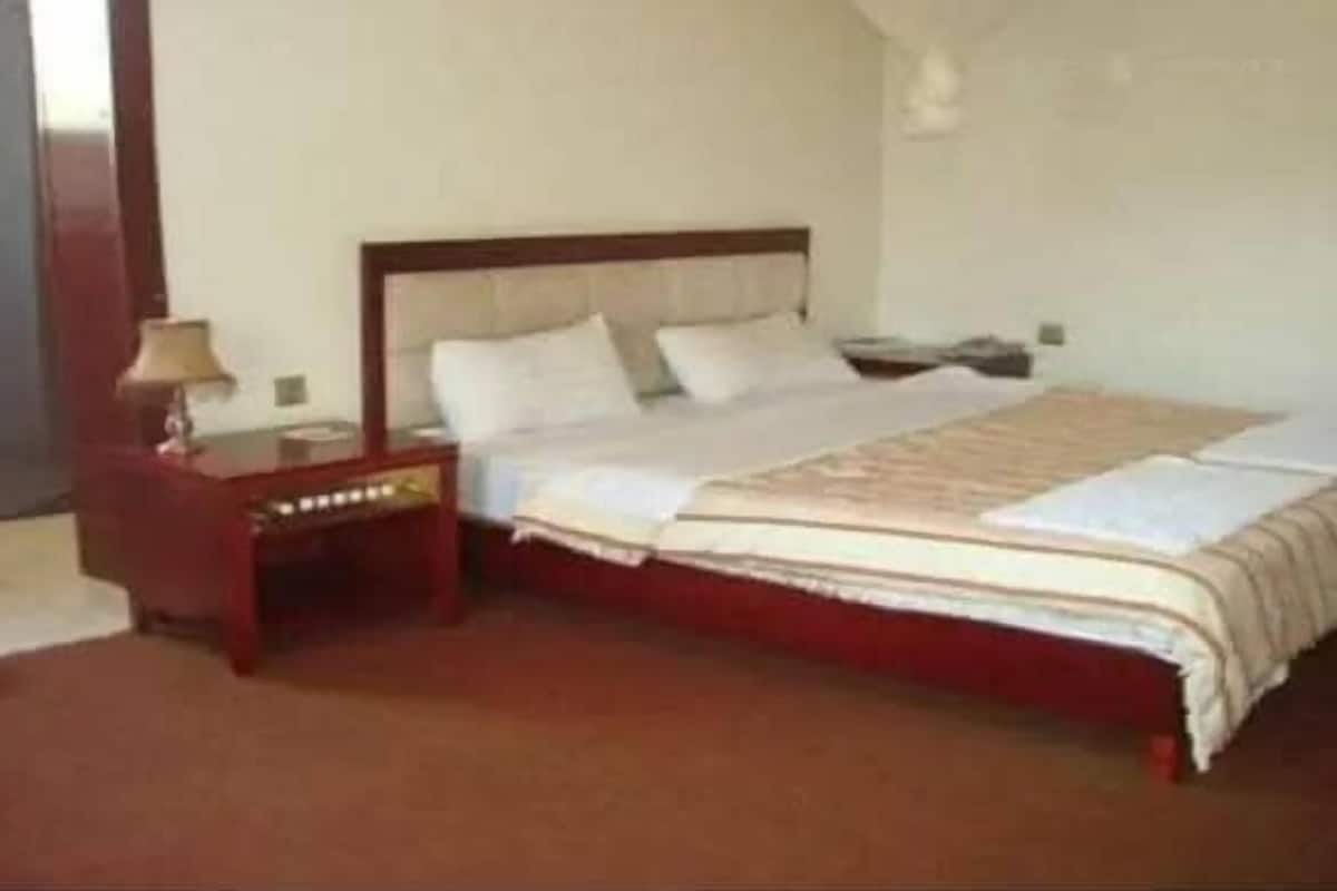 A bedroom with a large bed, a nightstand, and a desk.