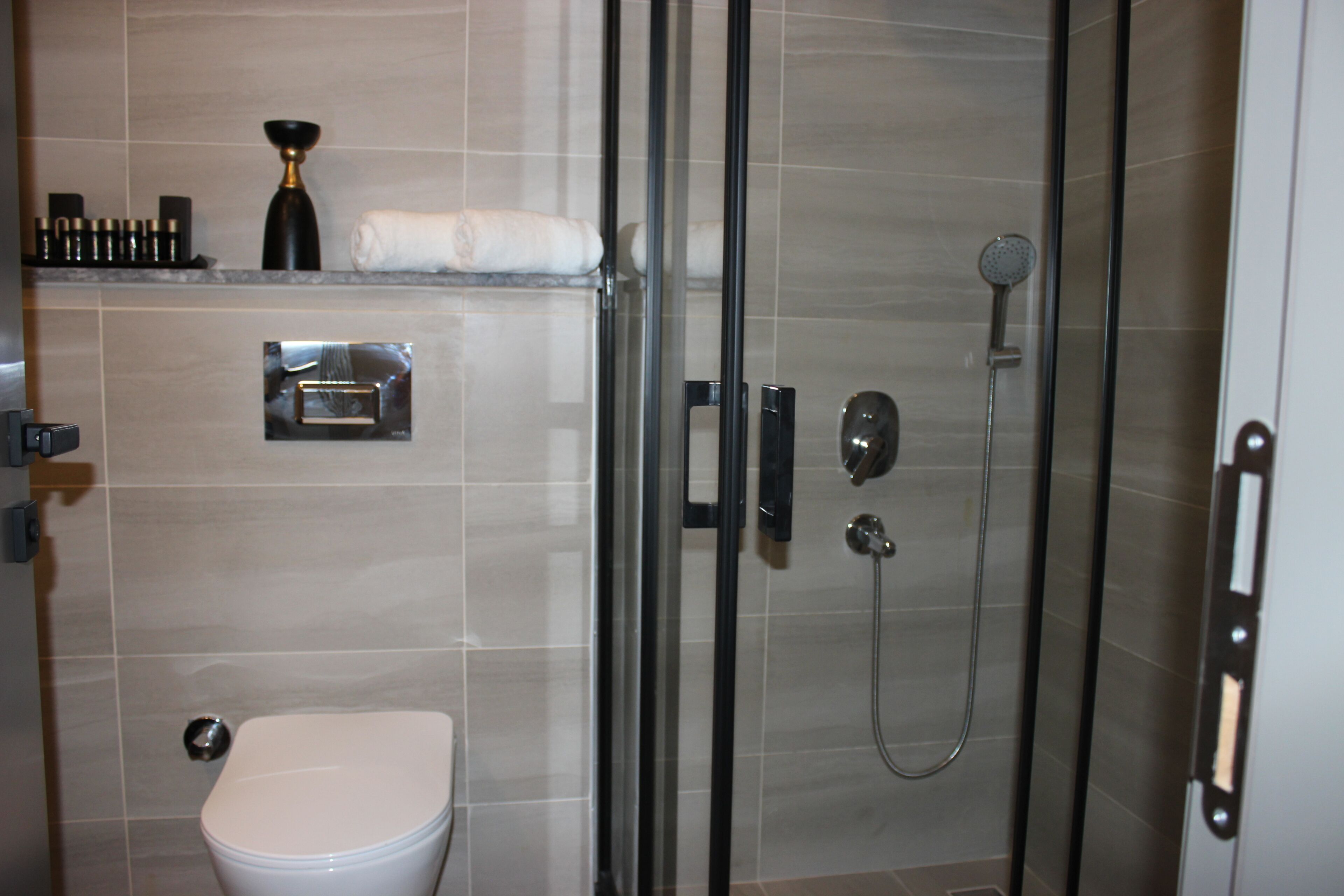 Un bagno moderno con box doccia in vetro, un water e uno scaffale con articoli da toilette.