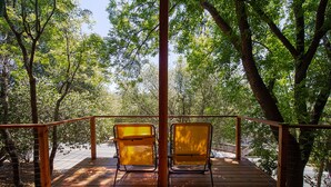 A wooden deck with two chairs facing a forested area. - Rustic Charm Meets Modern Comfort (Groveland)