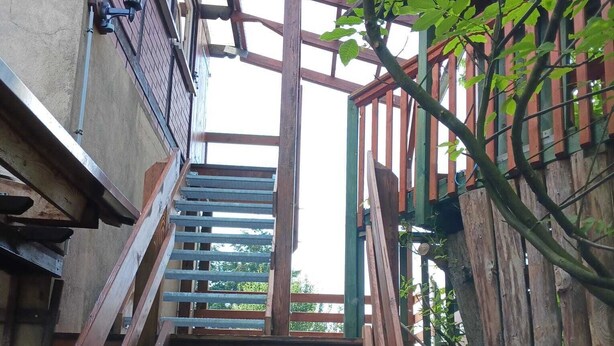 Eine Holztreppe führt zu einer Holzdiele mit Metallgeländer, umgeben von Grünpflanzen.
