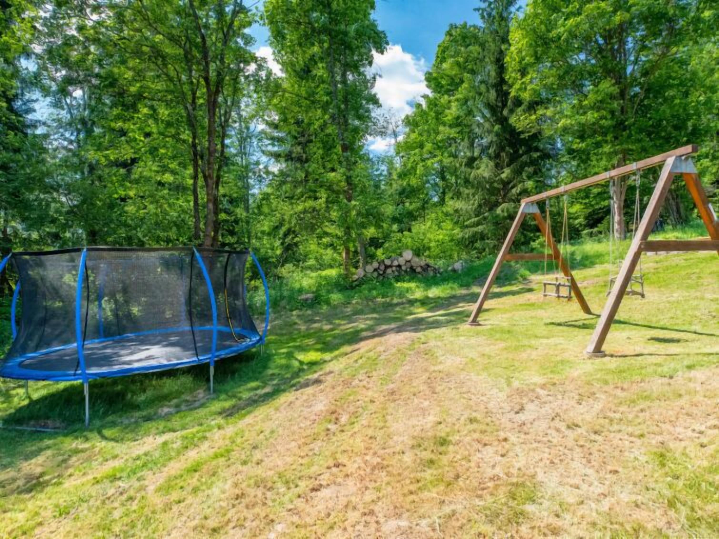 Ein Trampolin mit Sicherheitsnetz, ein Holzschaukel und eine Rasenfläche, umgeben von Bäumen.