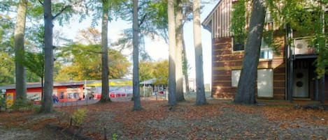 A view of a terraced outdoor area with trees and a building in the background.