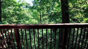 A wooden deck with a view of a dense forest. - Chateau Treehouse #11/ Oak Crest (Eureka Springs)
