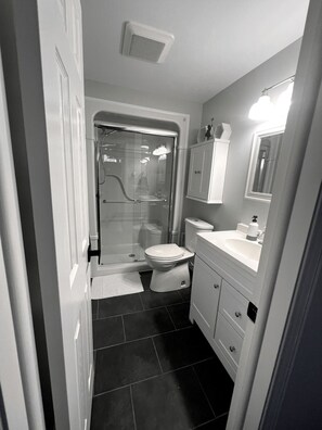 Shower, towels, soap, toilet paper