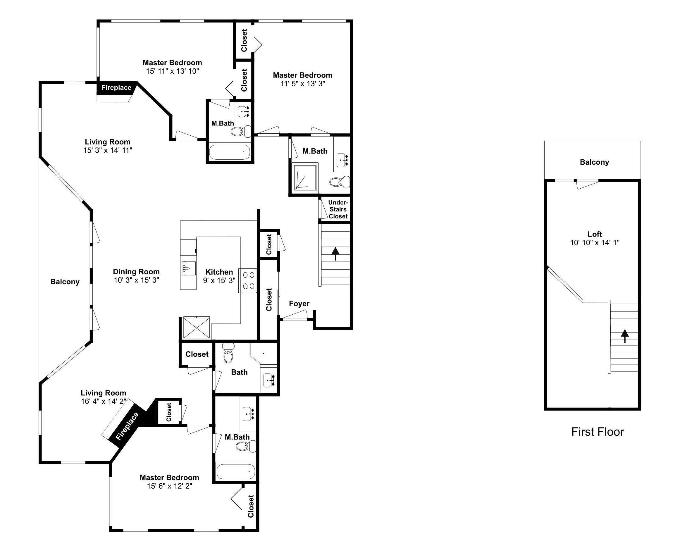 A floor plan of a house with two master bedrooms, a living room, dining room, kitchen, master bathroom, and a balcony.