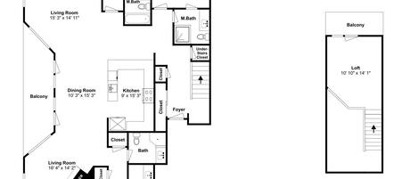 A floor plan of a house with two master bedrooms, a living room, dining room, kitchen, master bathroom, and a balcony.