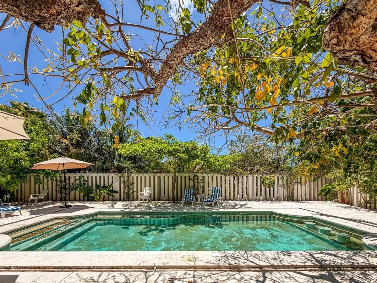 A rectangular swimming pool with clear water, surrounded by a tiled deck, and shaded by trees and umbrellas.