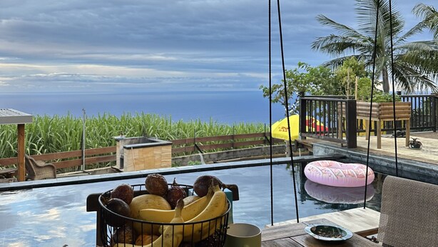 Una mesa de madera con un bol de frutas, un vaso y un flotador rosa junto a una piscina con vista al océano y palmeras.
