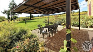 Een overdekt terras met een tafel en stoelen, omringd door een tuin met verschillende planten en een uitzicht op een wijngaard op de achtergrond.
