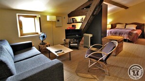 Een knus ingerichte kamer met een bank, een stoel, een tafeltje, een televisie, een boekenkast en een bed.