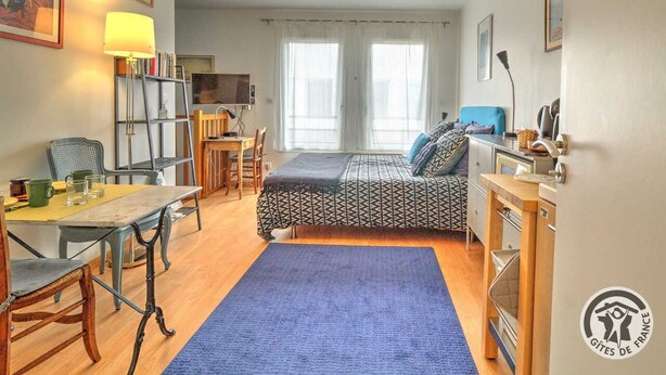 A compact room with a bed, a desk, and a chair. There is a window with curtains, a lamp, and a bookshelf. - Studio Berthelot 20 - Oullins (OULLINS)