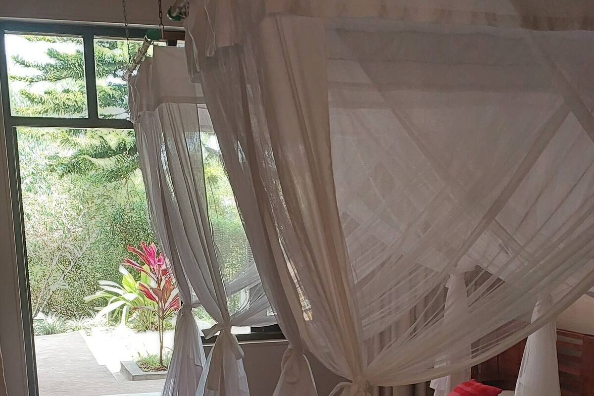 A room with four beds, each with a white canopy. There is a large window providing a view of greenery outside. The room has a tiled floor and a wooden ceiling.