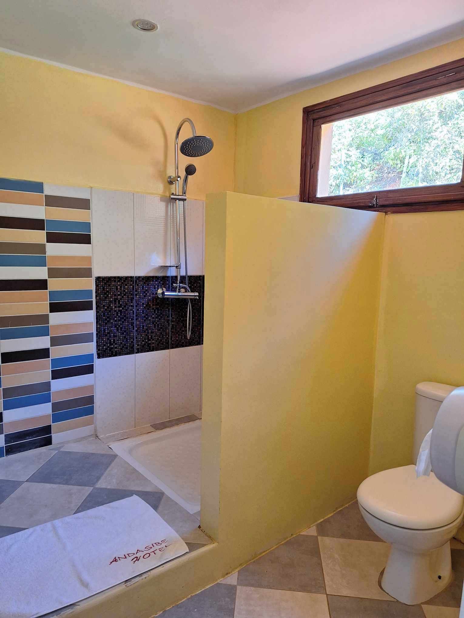 Une salle de bain avec une douche, des toilettes et une fenêtre.