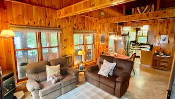 Televisión, chimenea, libros y biblioteca musical