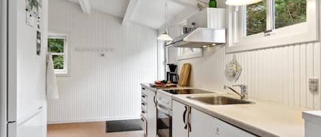 Fridge, stovetop, dishwasher, coffee/tea maker