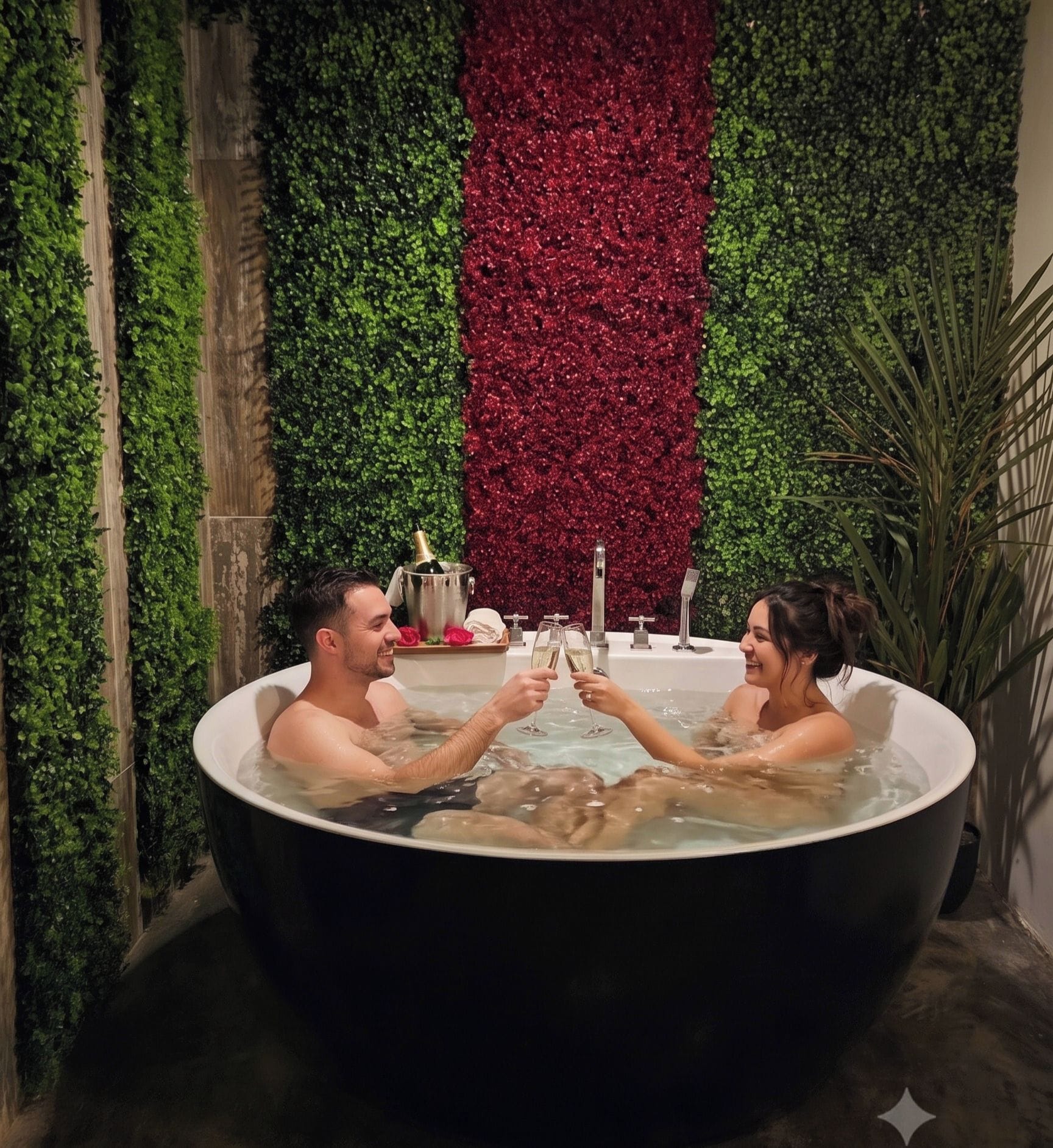 Una pareja en un jacuzzi con una pared decorativa detrás.