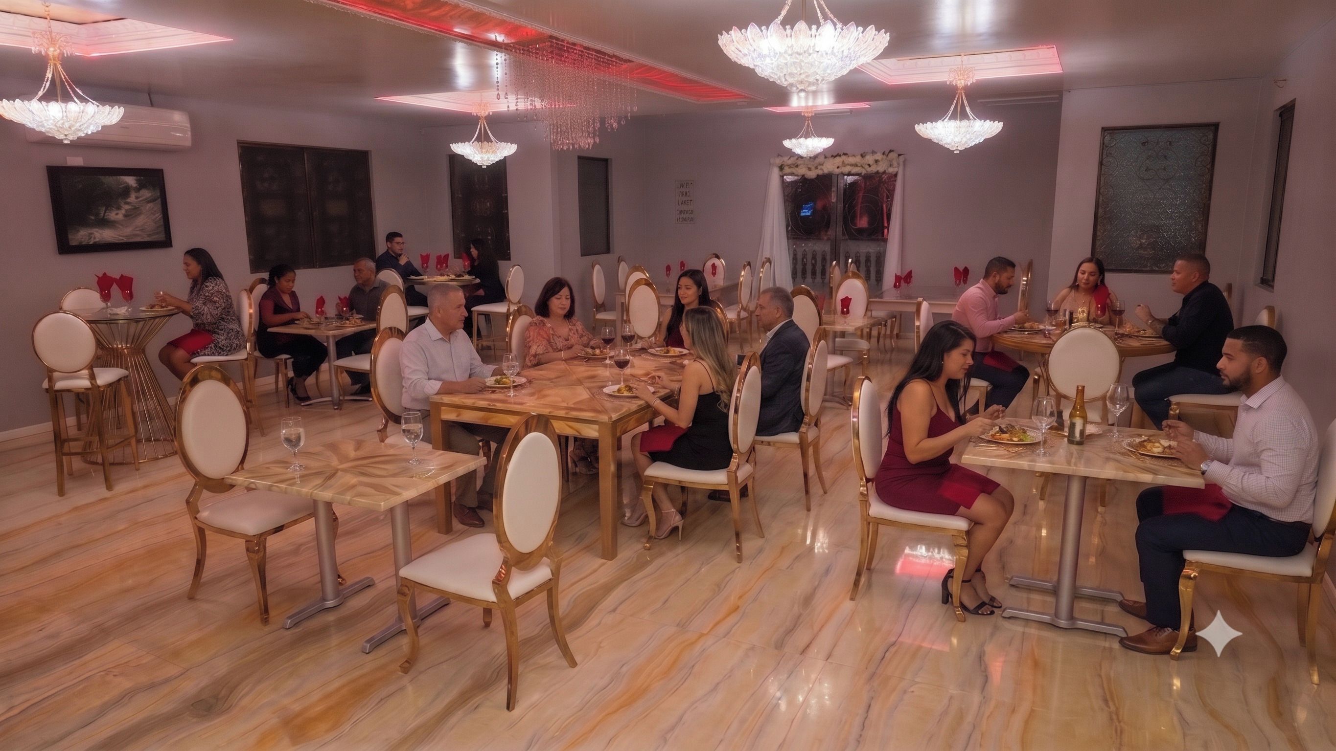 Un comedor con mesas y sillas redondas, candelabros y obras de arte en las paredes.