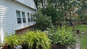 Une maison dotée d’un jardin où l’on trouve différentes espèces de plantes et un chemin en pierre.