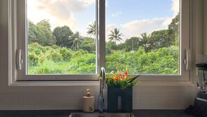 A kitchen with a large window, a sink, and a plant on the windowsill.