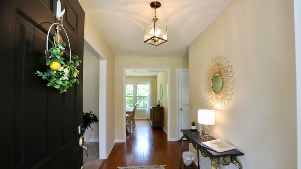 A hallway with a dark door, a hanging plant with lemons, a patterned rug, a table with a lamp, and a wall-mounted mirror. - Cheerful Eclectic Pinehurst Home! Less than 2 miles from Pinehurst #1-4 (Pinehurst)