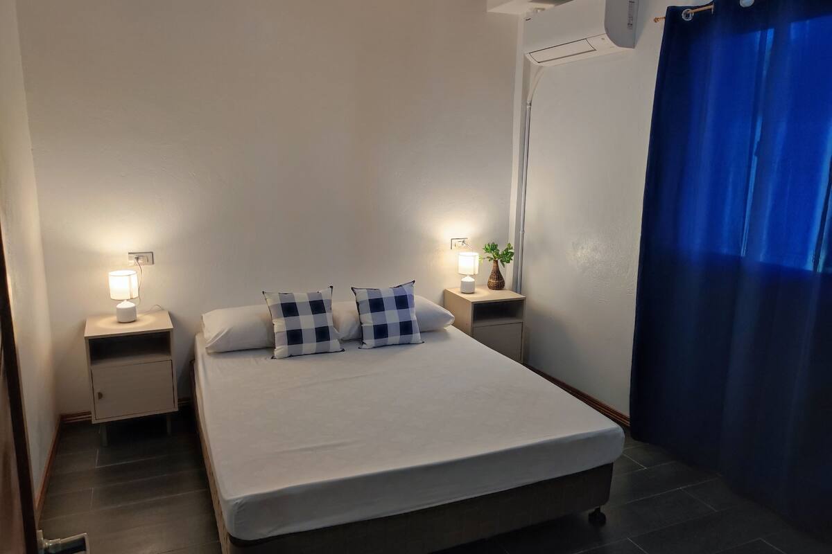 A neatly made bed with white bedding, two bedside tables with lamps, a small potted plant, and a blue curtain on the right.
