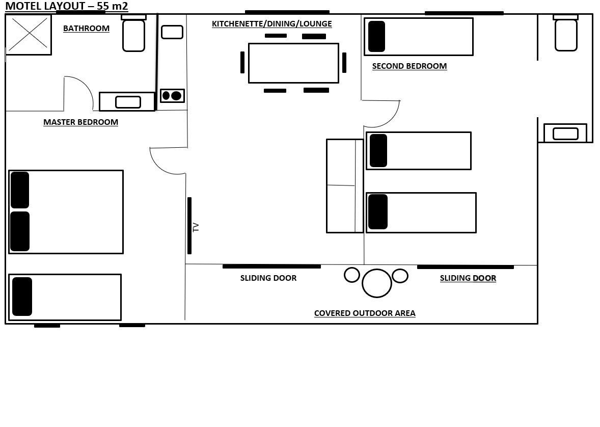 Pianta di un motel che include una camera principale, bagno, angolo cottura/zona pranzo/soggiorno, seconda camera da letto, televisore, porte scorrevoli e area esterna coperta.