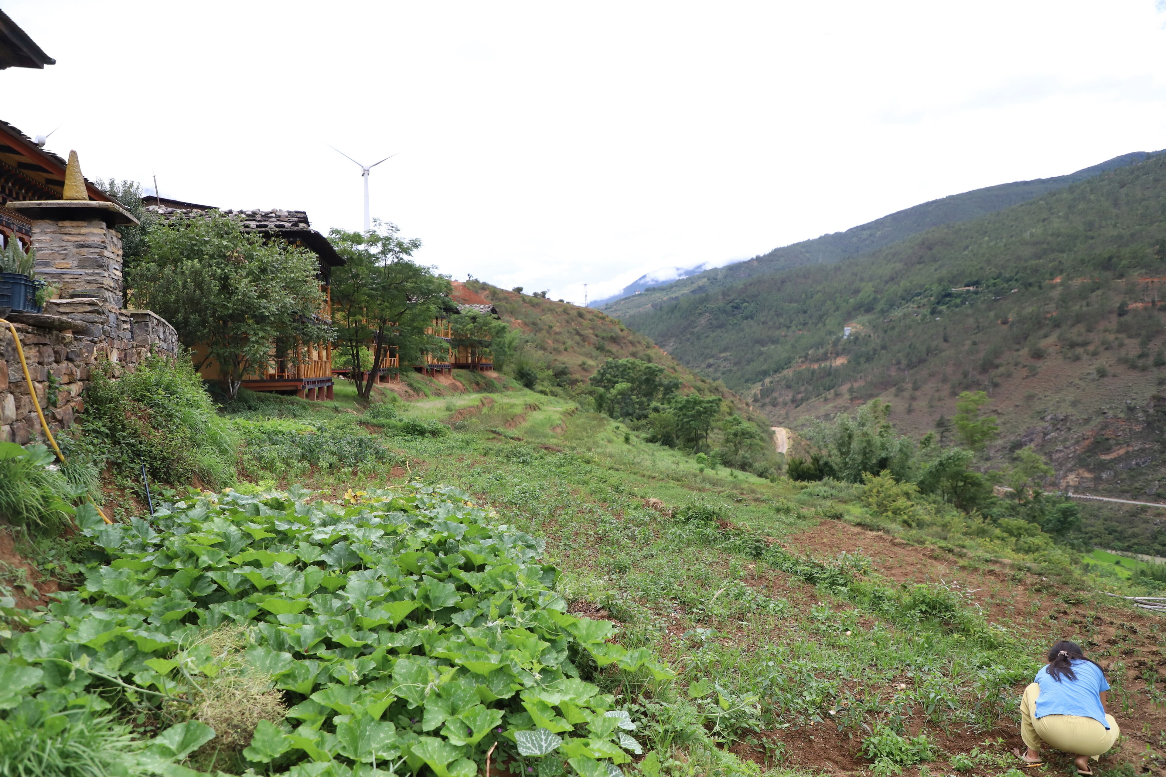 Un paisaje rural con una casa de piedra, exuberante vegetación y un terreno montañoso.