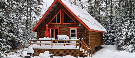 Una cabaña de troncos con un porche cubierto de nieve y un techo rojo, rodeada de un bosque.