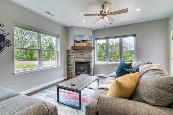 TV, fireplace, video games, offices