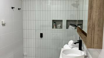 Shower, hair dryer, towels, soap
