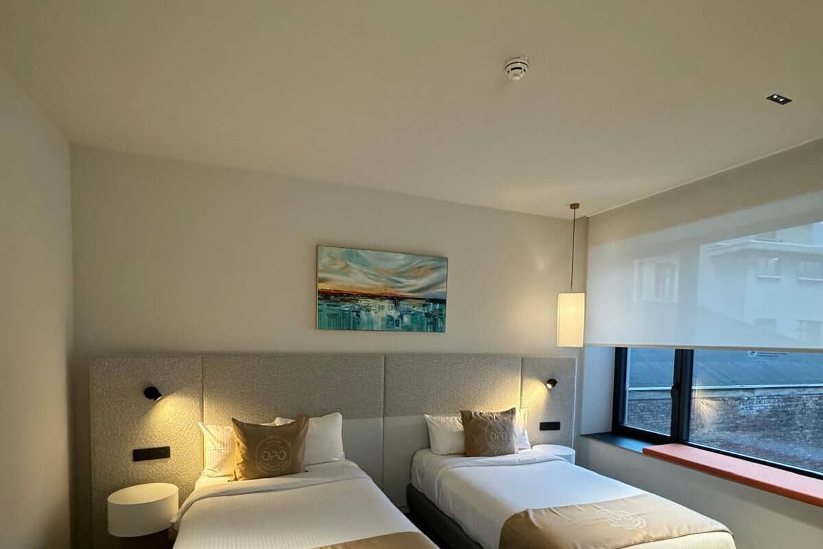 Une chambre d’hôtel avec deux lits, un tableau au mur et une vue par la fenêtre.