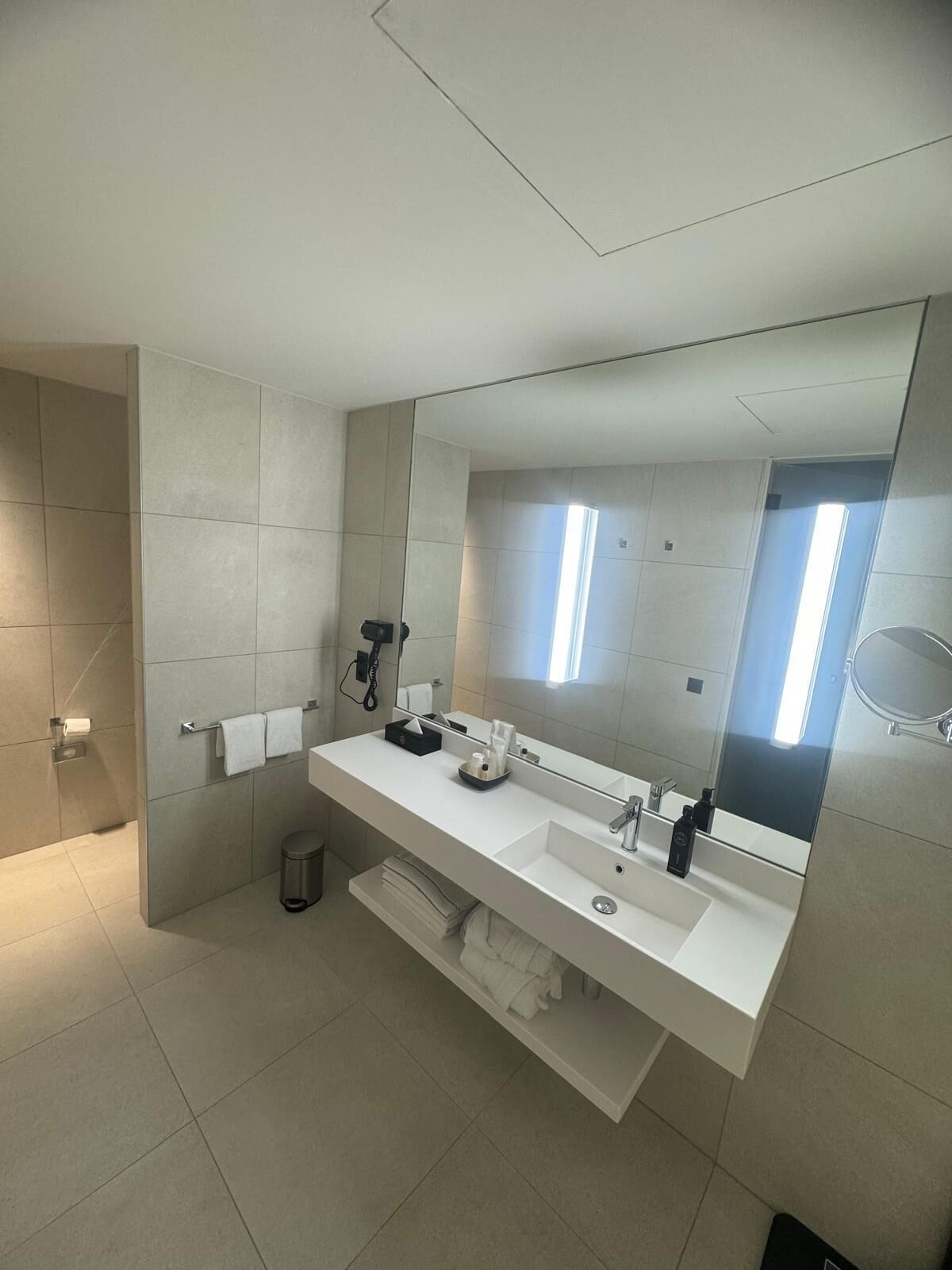 A modern bathroom with a large mirror, two sinks, and a towel rack.