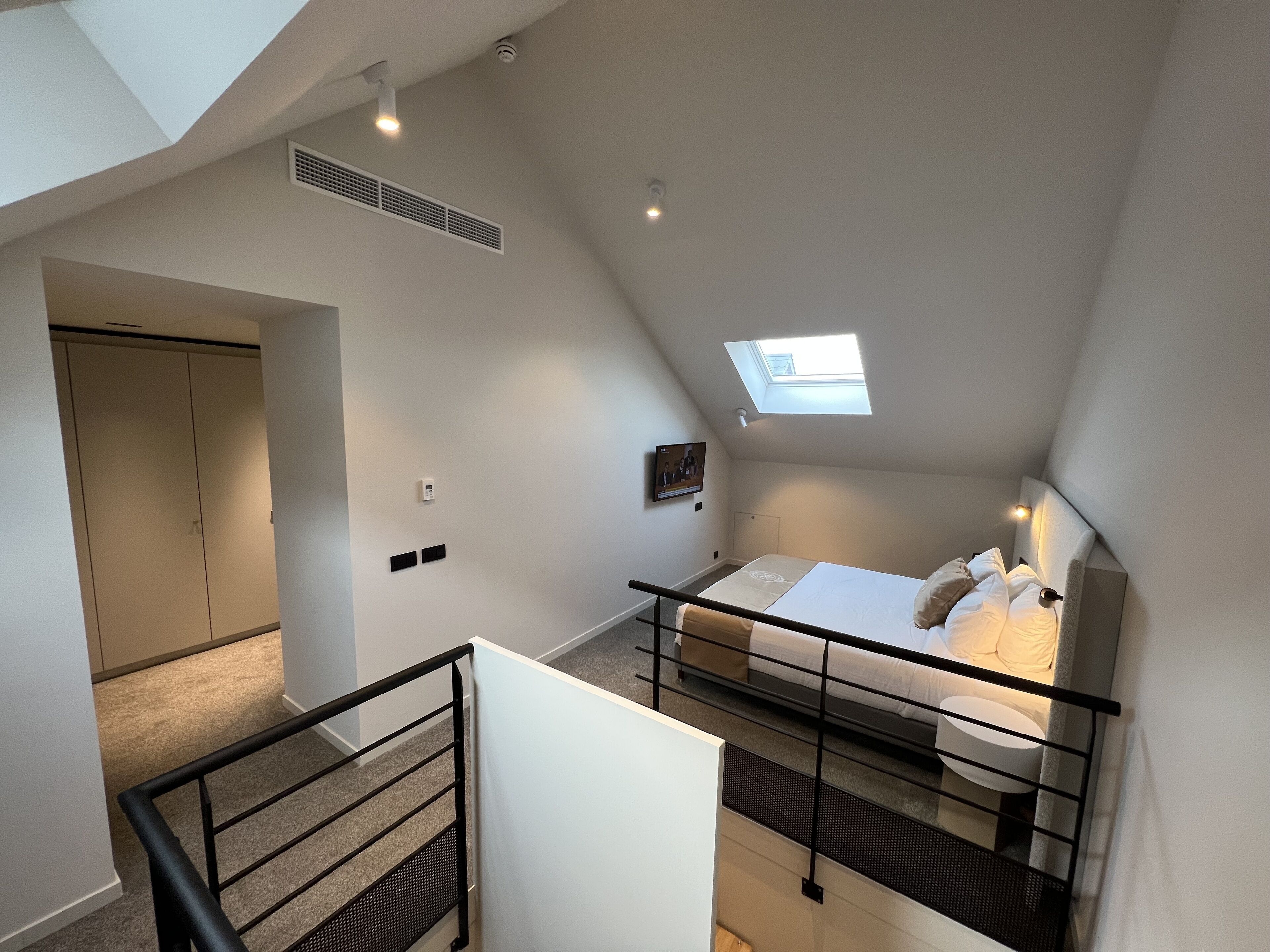 Un dormitorio tipo loft moderno con tragaluz, literas y un baño pequeño.