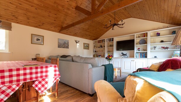 A cozy living room with a checkered table, a grey sofa, and a television on a white cabinet. - Secluded stables with parking in grounds of home in the heart of the new forest  (Burley, Nr Ringwood)