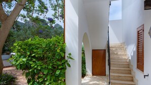 A staircase leading to a door, surrounded by white walls and greenery.