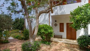 A courtyard with a tree, a bench, and a white building with wooden doors.