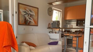 A modern living room with a sofa, a coffee table, and a patterned rug. - Exclusive Apartment Sun and Sea  (Novalja)